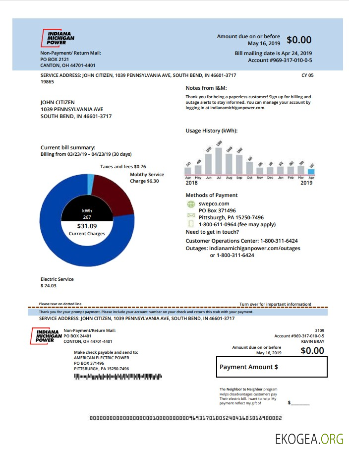 USA Indiana electricity utility bill template in Word and PDF format (.doc and .pdf)